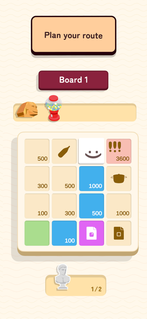 Wordlike - Word Roguelike - Gameplay screen of Wordlike showing a level selection grid where players plan their route across Board 1.