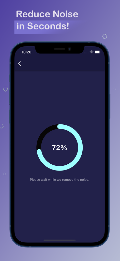 A smartphone screen displaying the 72 percent progress of the AI noise reduction process.