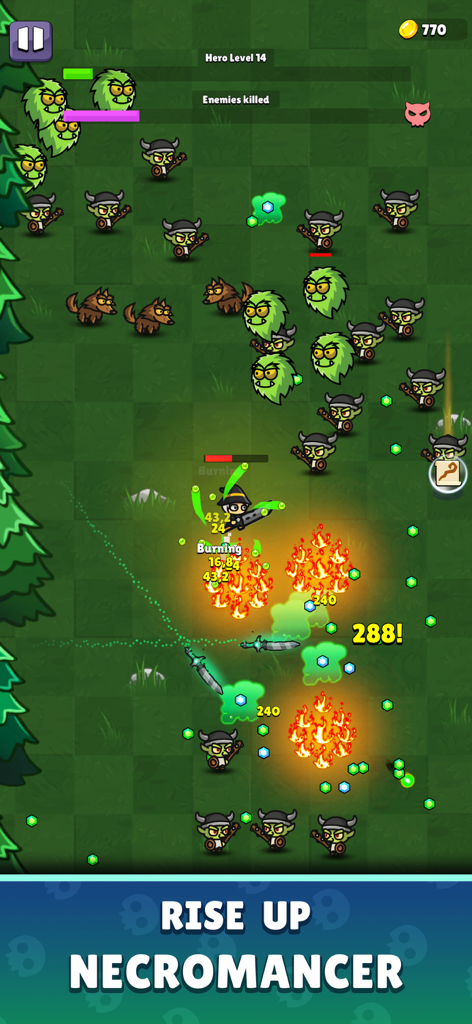 Rise of Necromancer - Gameplay de Rise of Necromancer mostrando un personaje luchando contra oleadas de monstruos con hechizos mágicos