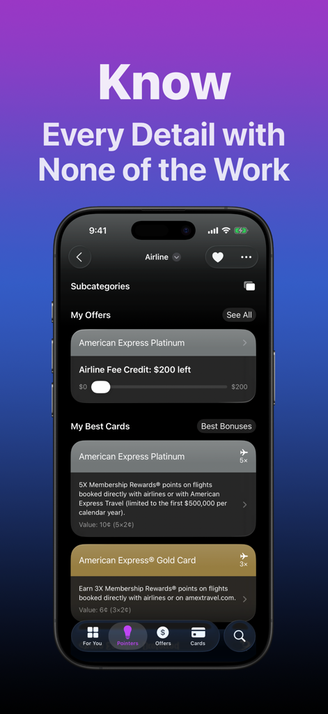 App CardPointers che mostra offerte di carte American Express e moltiplicatori di punti aerei