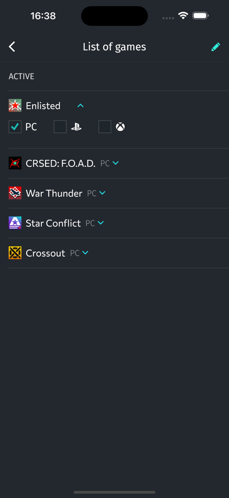 Gaijin Pass - A menu in the Gaijin Pass app showing a list of supported games like War Thunder and Enlisted with platform selection options for PC, PlayStation, and Xbox.