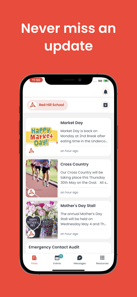 Audiri: School Communication - Audiri app interface showing a news feed of school events and updates for parents