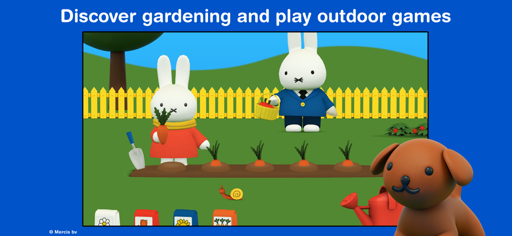 Miffy et son père cueillant des carottes dans un jardin