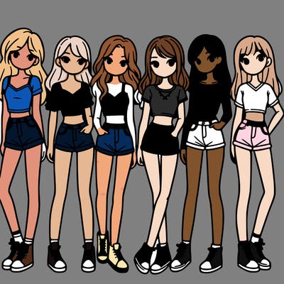 a group of girls wearing crop tops and shorts