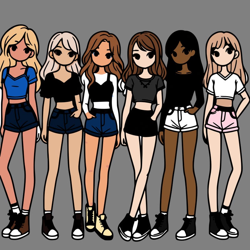 a group of girls wearing crop tops and shorts