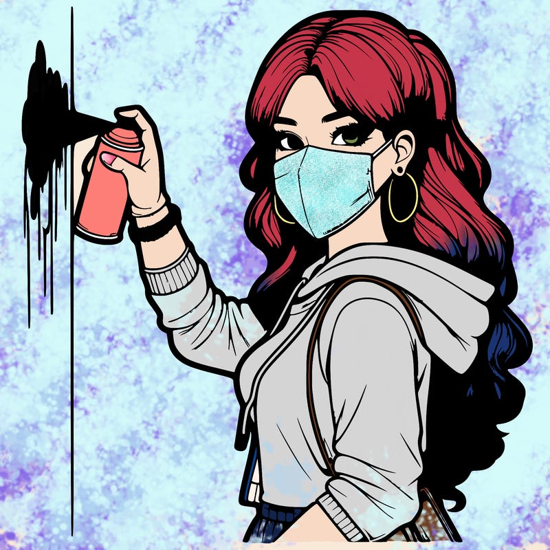 realistic girl with mask spray painting a wall