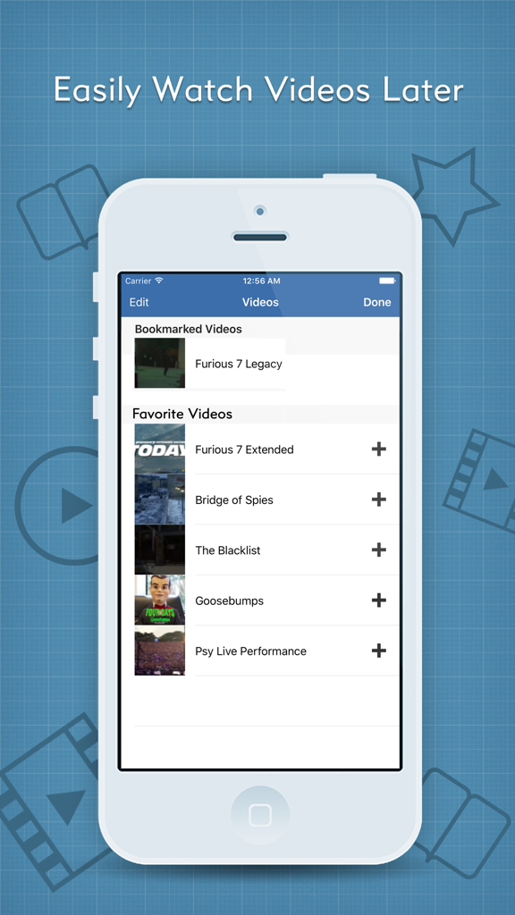 Screenshot of the BVideo app showing a list of bookmarked and favorite videos on an iPhone