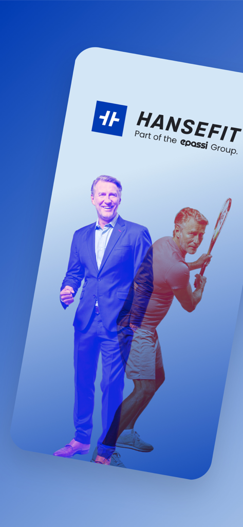Hansefit app splash screen showing a professional in a suit and tennis gear