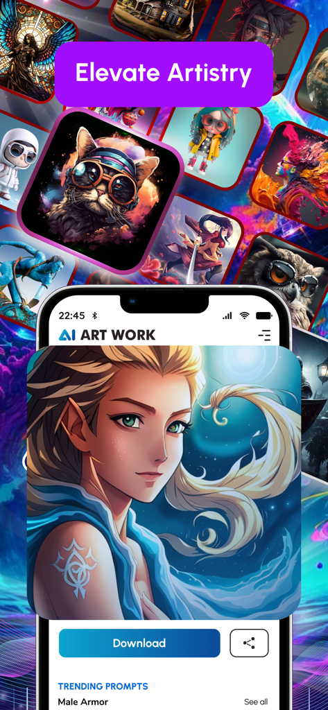 GenAI - AI Art Generator - Interface do aplicativo GenAI com uma personagem de anime e o texto Eleve a Arte