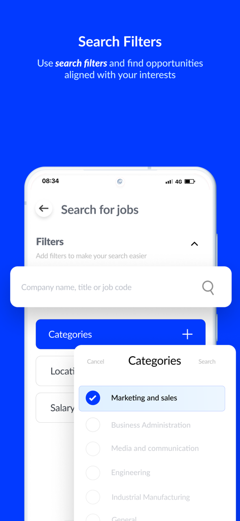 Plooral: Career & Jobs - Plooral app interface showing job search filters and category selection for career opportunities