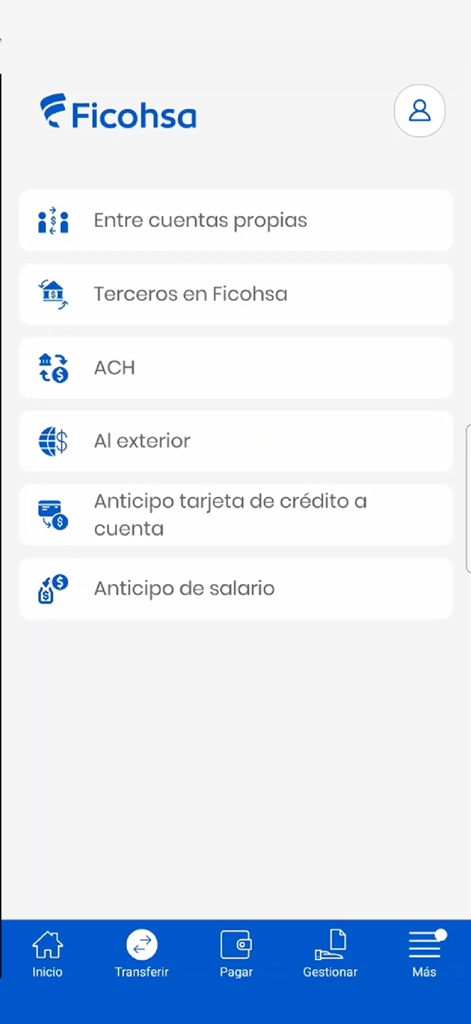 Ficohsa - Interface de l'application bancaire mobile Ficohsa montrant les options de transfert, y compris les propres comptes, les tiers, ACH et les transferts internationaux.