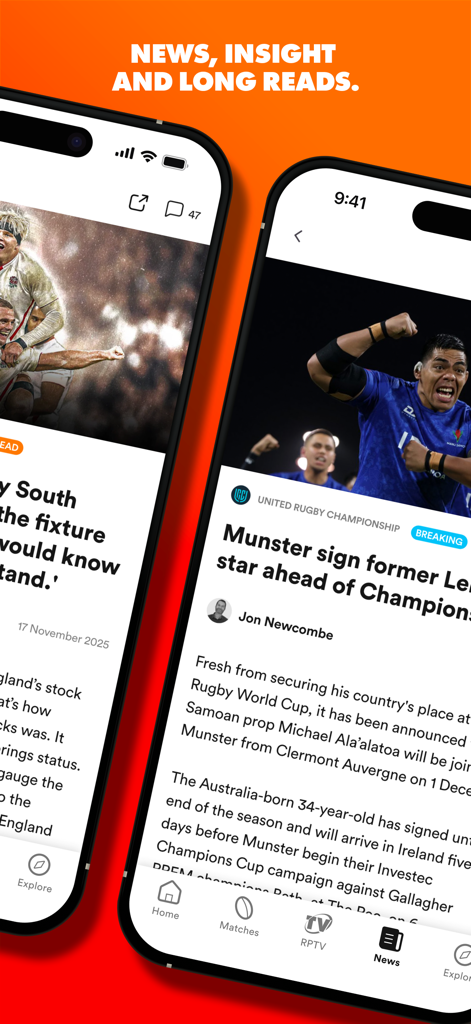 Feed de noticias de la aplicación RugbyPass mostrando artículos y análisis de rugby en pantallas de dispositivos móviles.