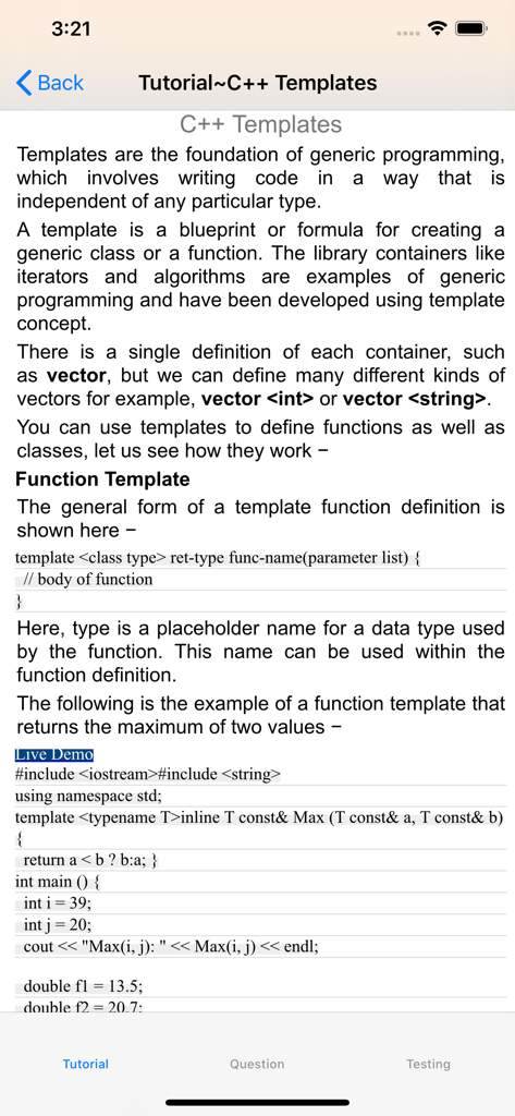 Educational screen from the Tutorial for C++ app explaining C++ templates with a function code example