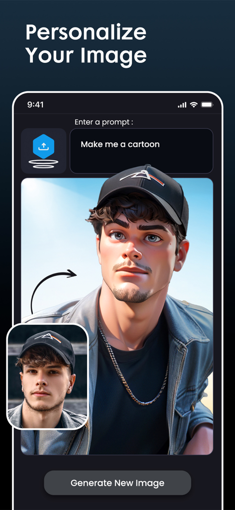 AI画像クリエイターインターフェースに、テキストプロンプトで漫画スタイルに変換された男性の写真を表示