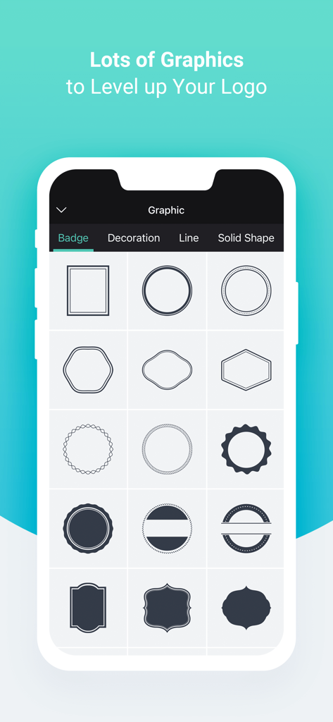 DesignEvo mobile app interface showing a grid of badge and shape graphics for logo creation