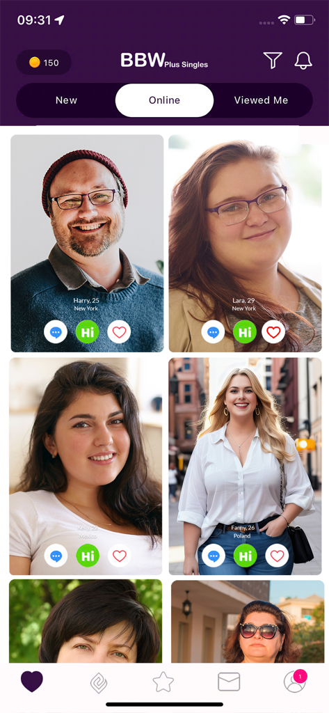 BBW Plus Singles: Curvy Dating - Pantalla de la aplicación de citas BBW Plus Singles mostrando perfiles en línea de hombres y mujeres de talla grande