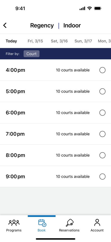 PPBRVA - PPBRVA mobile app screen for booking indoor pickleball courts showing hourly availability at Regency