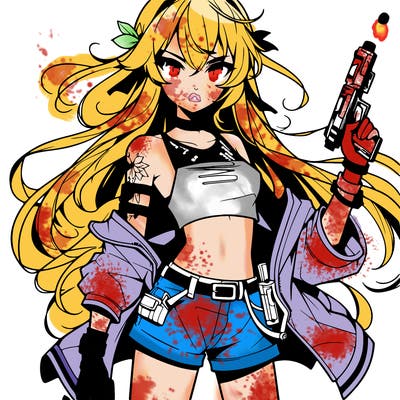bad girl wearing crop top holding a gun long hair anime