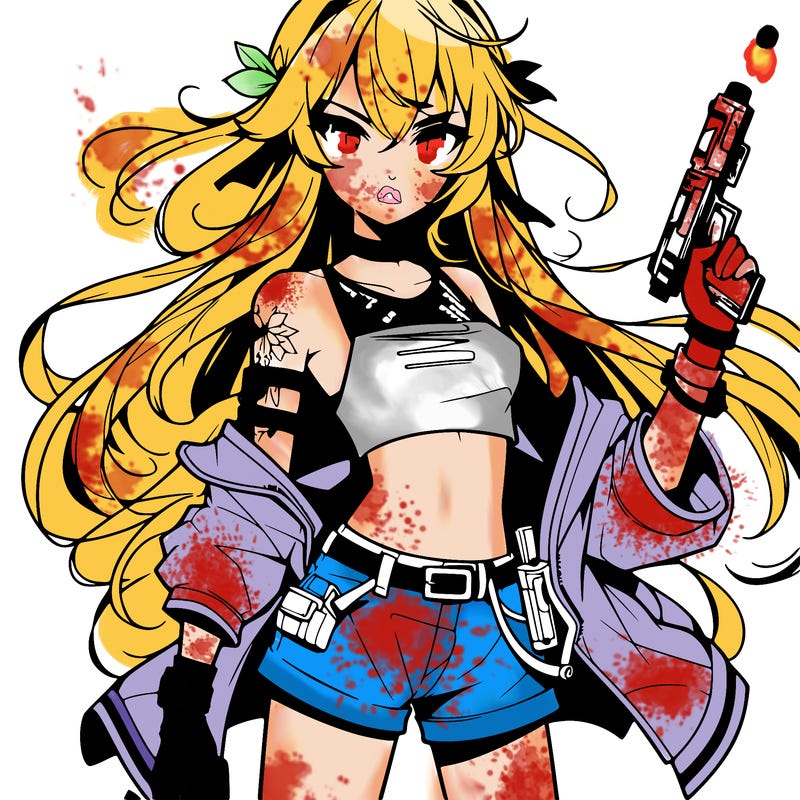 bad girl wearing crop top holding a gun long hair anime