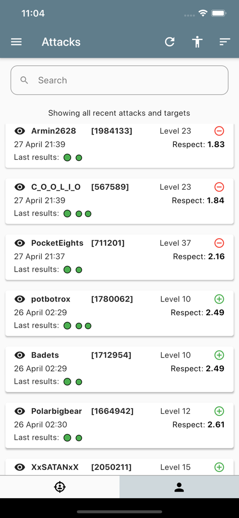 Torn PDA - Torn PDA app interface showing a list of recent player attacks and targets with respect levels
