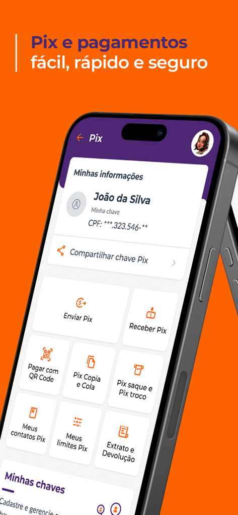 Interface do aplicativo bancário Bmg mostrando o menu de pagamento Pix com opções para enviar, receber e pagar via código QR