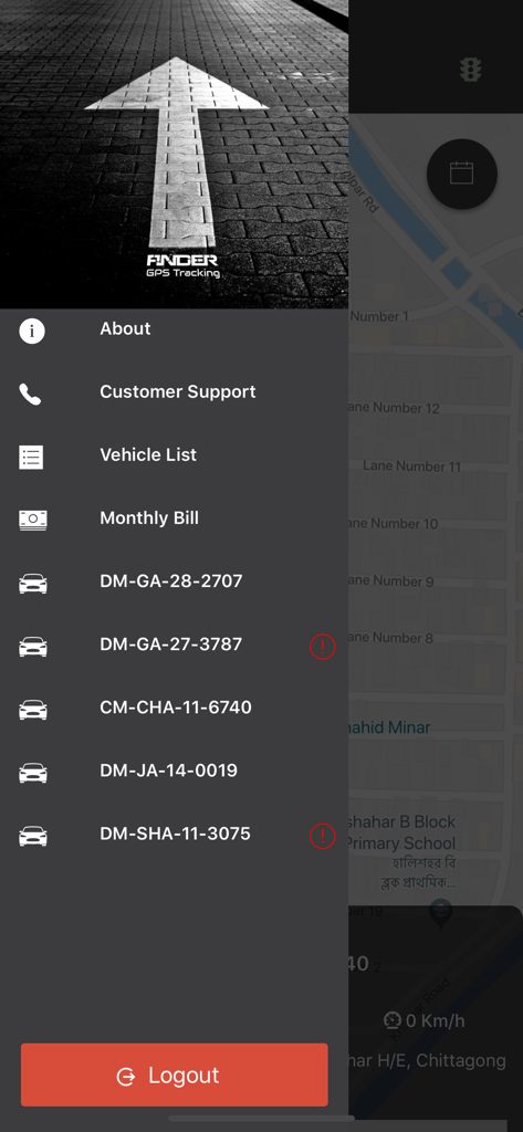 Finder GPS Tracking - The Finder GPS Tracking app side menu showing a list of monitored vehicles and account options.