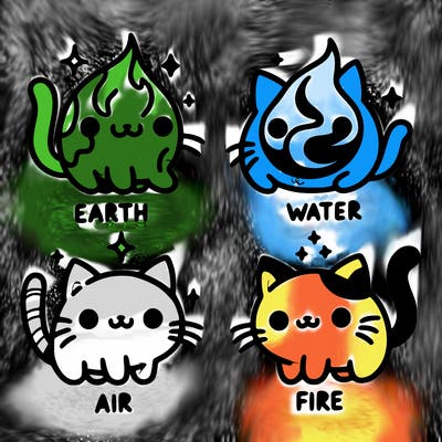 4 cats that represent the different elements, earth, water, air, and fire