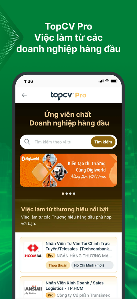 TopCV - Tìm Việc làm phù hợp - Interface of the TopCV Pro mobile app showing job search and professional listings for the Vietnamese market
