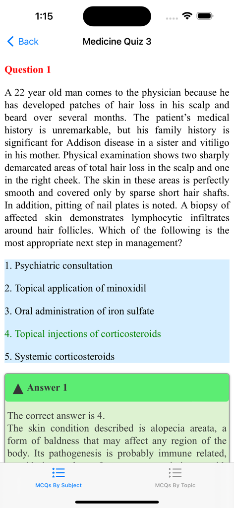 AMC Question Bank - AMC Question Bank app showing a medicine quiz question with a clinical scenario and correct answer explanation