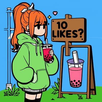 girl with oversized hoodie drinking boba and she has a high ponytail with a sign that says 10likes?