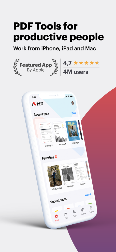 iLovePDF - PDF Editor & Scan - iLovePDF app interface on iPhone showing PDF tools for productive people