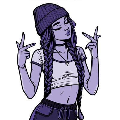 realistic teenage girl with braids and a beanie and crop top doing 🫶🏼