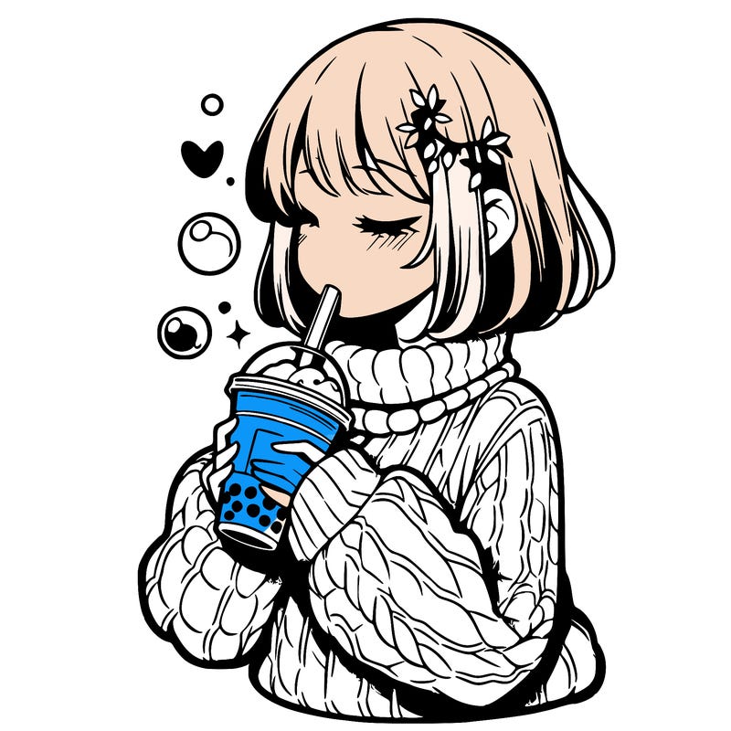 manga girl drinking boba in cozy sweater