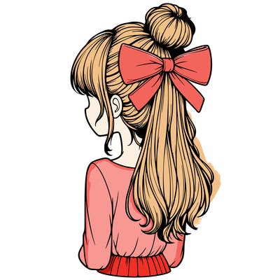 realistic girl  with hip length hair a bun and a big bow on the back of head