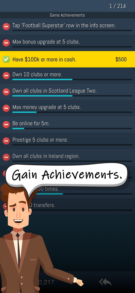 Idle Football Tycoon - Idle Football Tycoon game achievements menu showing progress and completed tasks.
