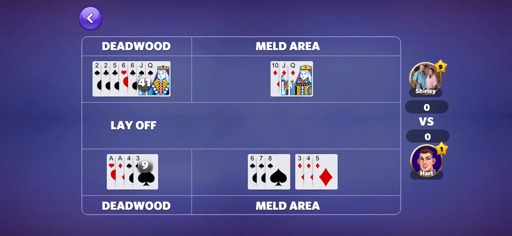 Gin Rummy Mania-No Ads,No Stop - Gameplay screen of Gin Rummy Mania showing the table layout with deadwood and meld areas for two players
