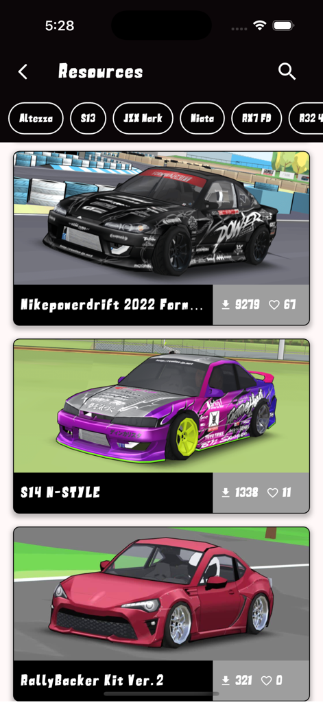 Tela do aplicativo mostrando uma seleção de skins de carro para FR Legends com contagens de download e curtidas