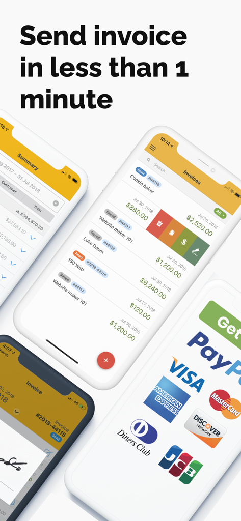 Captures d'écran montrant les listes de factures, la signature numérique et les méthodes de paiement dans l'application Invoice Bee