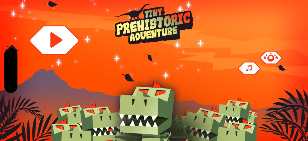Tiny Prehistoric Adventure - Tela de título de Tiny Prehistoric Adventure com dinossauros geométricos em estilo cartoon e um fundo de pôr do sol laranja