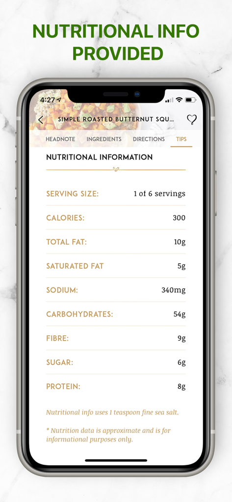 Nutritional information display for a plant based recipe in the Oh She Glows app