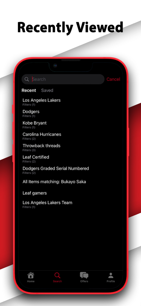 COMC - Check Out My Cards - The COMC app search screen displaying a list of recently viewed sports card categories and players
