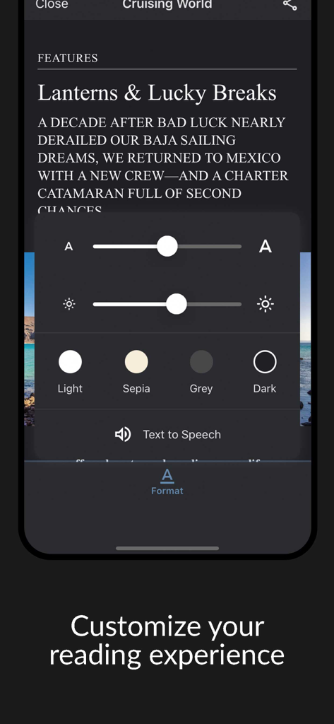 Cruising World Magazine - Interface showing font size and theme customization options in the Cruising World Magazine app