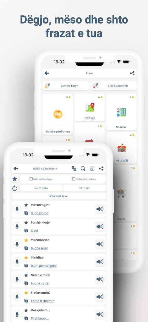 Screenshots of Meso Italisht app showing categories and a list of Italian phrases with Albanian translations