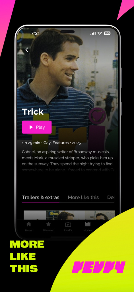 Revry - Revry app screen showing movie details and play button for LGBTQ content