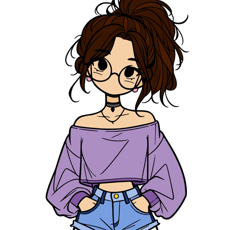 girl with a messy ponytail glasses a baggy crop top and jean shorts