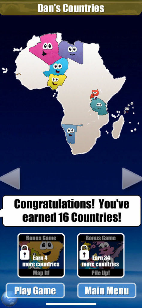 Stack the Countries® - Una schermata di progresso in Stack the Countries che mostra i paesi guadagnati su una mappa dell'Africa.