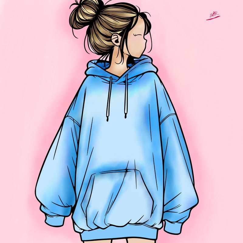 realistic girl with a oversized sweatshirt on and a bun