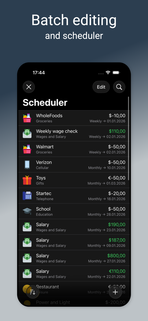 Alzex Finance Pro - Alzex Finance Pro scheduler screen displaying a list of recurring income and expense transactions