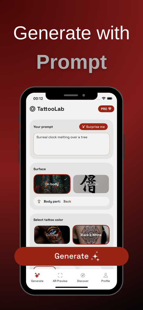AI Tattoo Design・ TattooLab - Interfaz de la aplicación móvil TattooLab para generar tatuajes personalizados usando indicaciones de texto con opciones de colocación en el cuerpo y selección de color