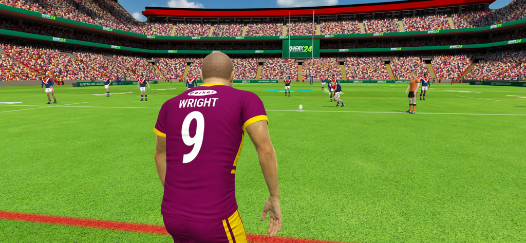 Rugby League 24 - Third person view of a rugby player during a kickoff in a large stadium